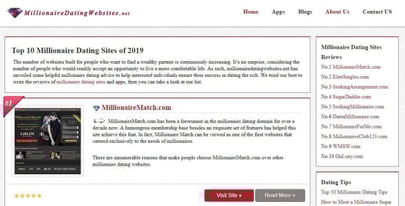 Screenshot of MillionaireDatingWebsites.net