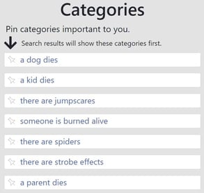 Screenshot of categories on Does the Dog Die?