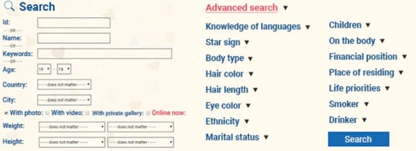 Screenshot of the MeetBrides search tab