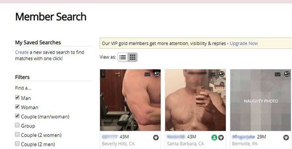 Screenshot of the Adult Friend Finder search page