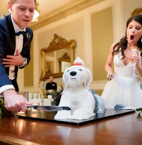 Photo of a Sweet Treets wedding cake shaped like a dog