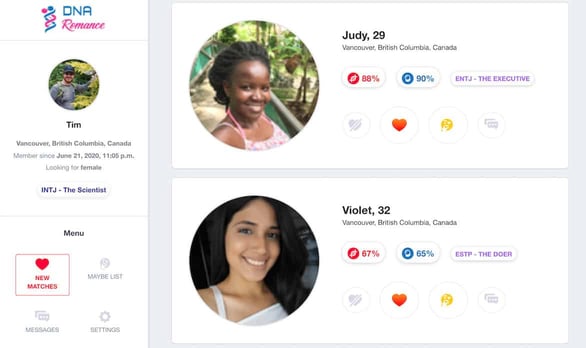Screenshot of DNA Romance profiles