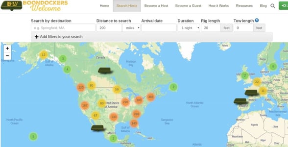 A map of Boondockers Welcome hosts