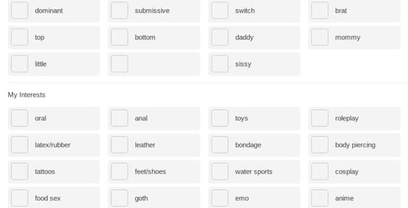 Screenshot of fetish profile options Screenshot of fetish profile options