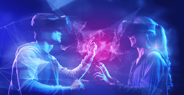 Photo of a man and woman with virtual reality headsets on