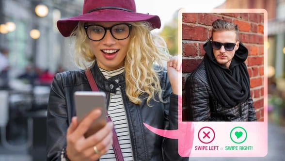 woman looking at dating app