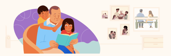 graphic of grandpa reading to grandchildren with family memories in background