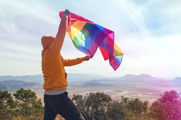 Man standing on top of the hill and holding the LGBT pride flag