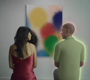 woman and AI avatar sit side by side