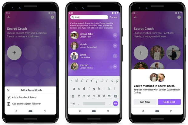 Screenshots of Facebook Dating Secret Crush feature