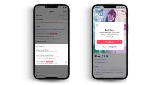 Screenshots of Tinder Incognito Mode and blocking capabilities