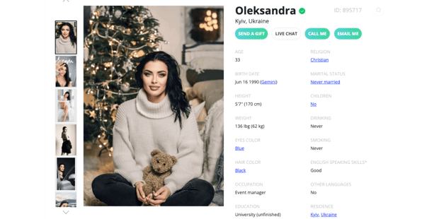 Screenshot of GoldenBride website user profile