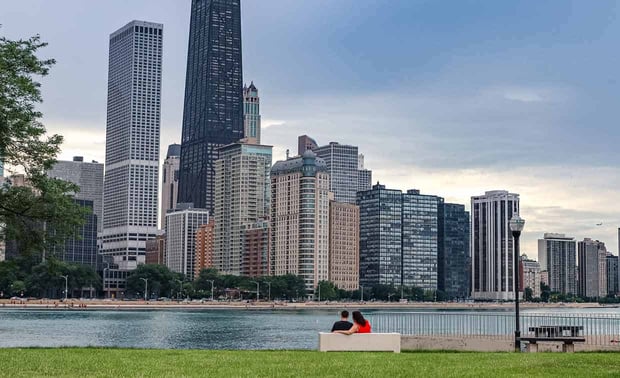 Photo of Chicago skyline and couple