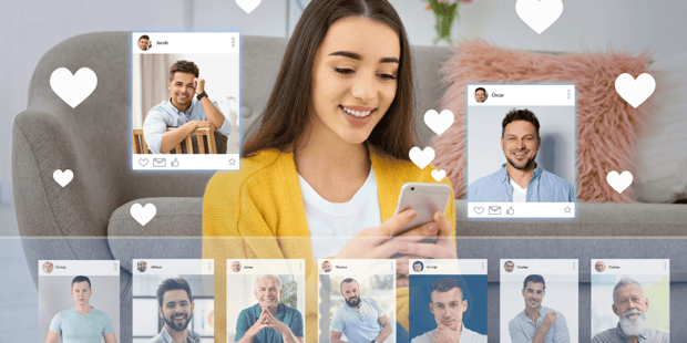 Young woman swiping on many men using a dating app
