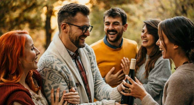 Photo of a man bringing wine to a party