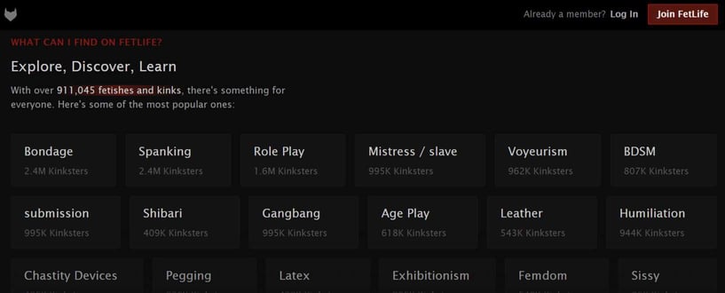 FetLife screenshot of kinks list FetLife screenshot of kinks list