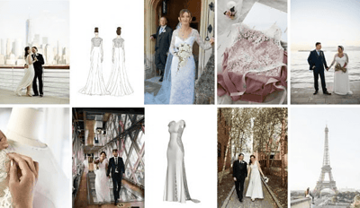 A collage of wedding gown sketches brides wearing the dresses A collage of wedding gown sketches brides wearing the dresses