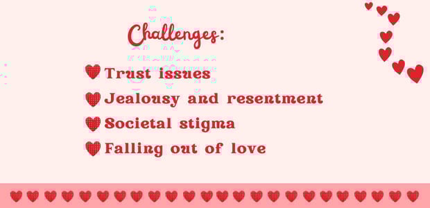 Challenges include trust issues, jealousy, and social stigma