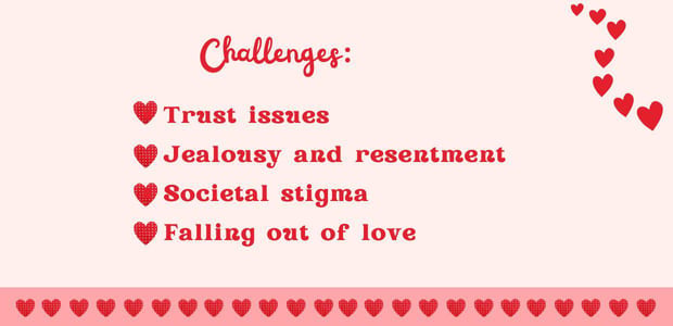 Challenges include trust issues, jealousy, and social stigma Challenges include trust issues, jealousy, and social stigma