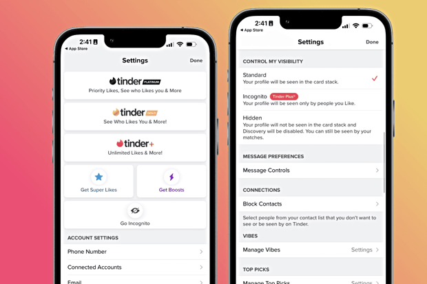 Screenshot of Tinder incognito mode settings Screenshot of Tinder incognito mode settings