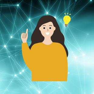 Girl with yellow shirt and lightbulb above head graphic