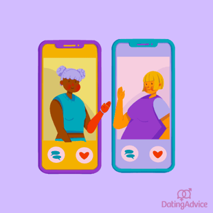 OkCupid algorithm matches graphic women waving on phones OkCupid algorithm matches graphic women waving on phones