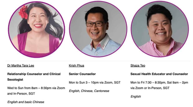 Eros counselors and educators Dr. Martha Tara Lee, Krish Phua, Shaza Teo Eros counselors and educators Dr. Martha Tara Lee, Krish Phua, Shaza Teo