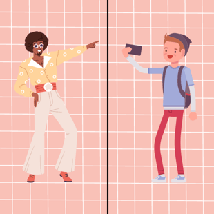 1970s man and modern teen graphics