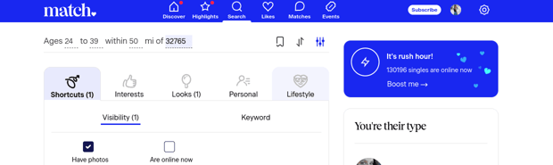 Screenshot of Match search filters