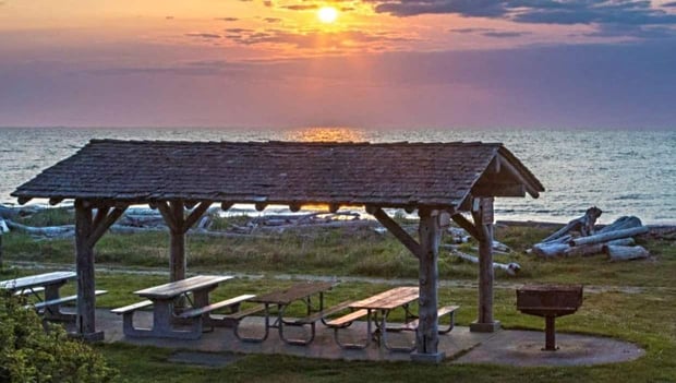 Washington State Park picnic area overlooking lake sunset