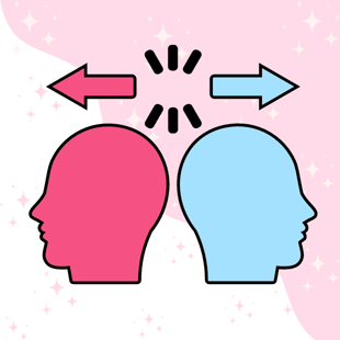 Opposites attract graphic two heads looking in opposite directions