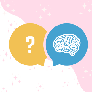 Yellow and blue thought bubbles with a question mark and brain