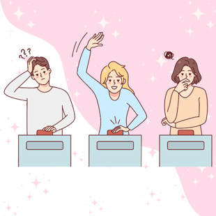 Three people taking a pop quiz graphic