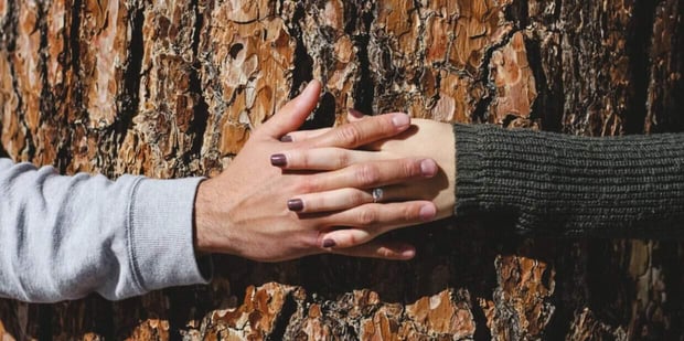 Man and woman holding hands around a tree