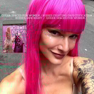 Screenshot of RAW spokesperson wearing a bright pink wig with the words 'Queer spaces for women' on the photo