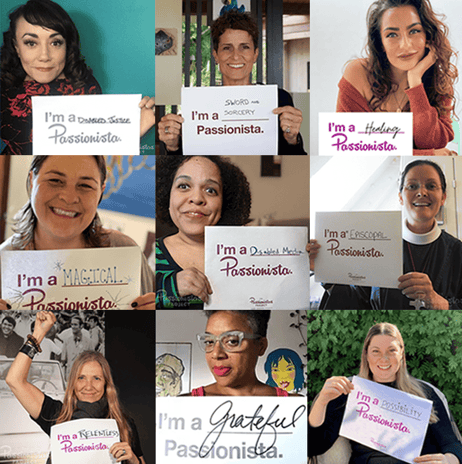Photo of a collage of women holding up Passionistas signs 