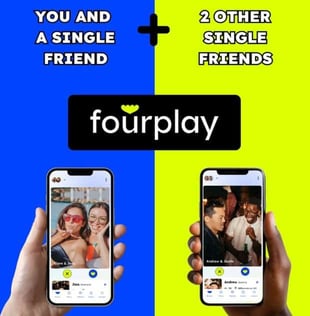 Screenshot of Fourplay ad with blue and lime green background and two hands holding two phones showing Fourplay profiles Screenshot of Fourplay ad with blue and lime green background and two hands holding two phones showing Fourplay profiles