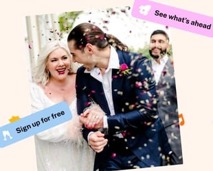 Screenshot photo of a bride and groom covered in confetti from The Knot