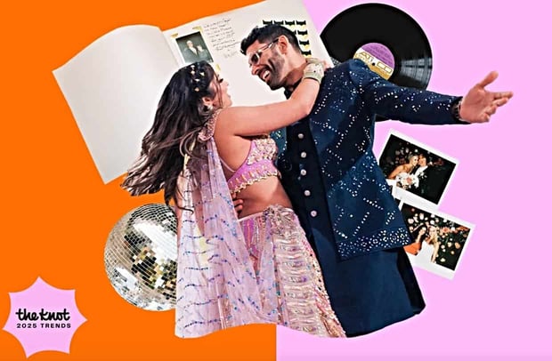 Screenshot of Indian bride and groom in traditional wedding clothes with a collage of photos, a disco ball, and a record in the background from The Knot