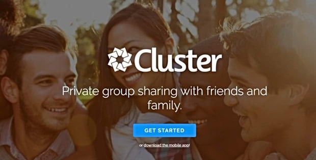 Screenshot of Cluster app logo and the words Private Group Sharing With Friends and Family 