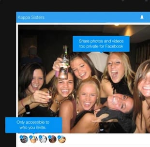 Screenshot of Cluster user interface showing a photo of young woman partying with the words Share Photos And Videos Too Private For Facebook and Only Accessible To Who You Invite