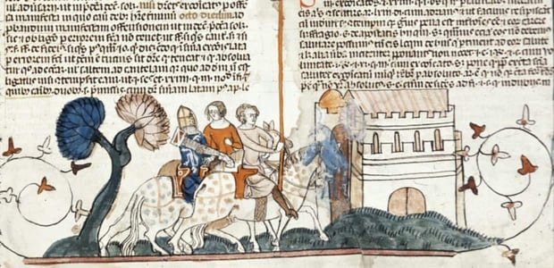 Old drawing of a knight escorting two people on horseback.
