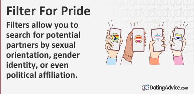 Filters allow you to search for potential partners by sexual orientation, gender identity, or even political affiliation. Filters allow you to search for potential partners by sexual orientation, gender identity, or even political affiliation.