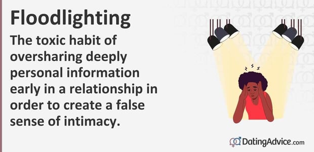 The toxic habit of oversharing deeply personal information early in a relationship in order to create a false sense of intimacy. The toxic habit of oversharing deeply personal information early in a relationship in order to create a false sense of intimacy.