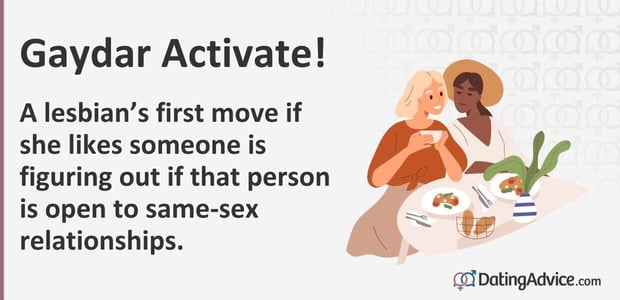A lesbianâs first move if she likes someone is figuring out if that person is open to same-sex relationships. A lesbianâs first move if she likes someone is figuring out if that person is open to same-sex relationships.