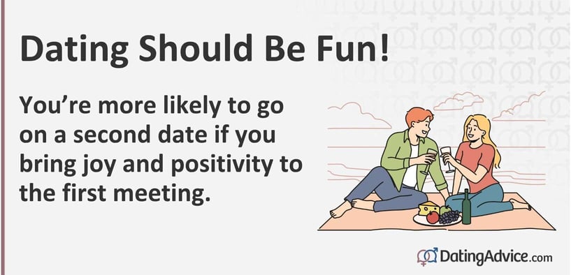 Dating should be fun! Youâre more likely to go on a second date if you bring joy and positivity to the first meeting. Dating should be fun! Youâre more likely to go on a second date if you bring joy and positivity to the first meeting.