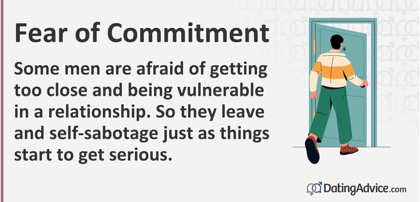 Men can feel afraid of getting too close and being vulnerable in a relationship. So they leave and self-sabotage just as things start to get serious. Men can feel afraid of getting too close and being vulnerable in a relationship. So they leave and self-sabotage just as things start to get serious.