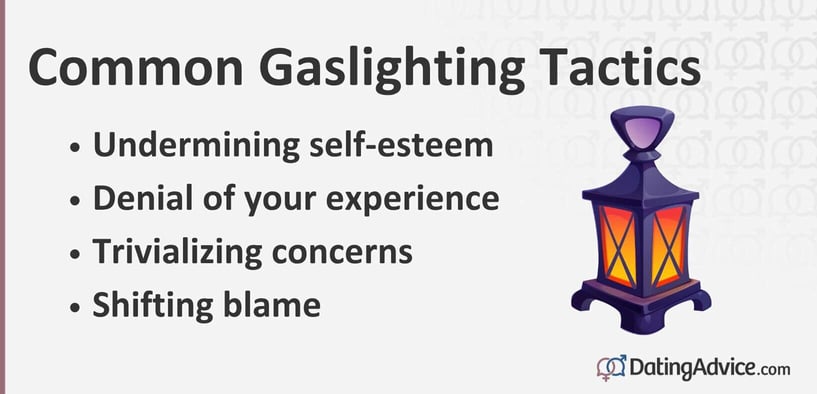 Common gaslighting tactics include undermining self-esteem, denial of your experience, trivializing concerns, shifting blame Common gaslighting tactics include undermining self-esteem, denial of your experience, trivializing concerns, shifting blame