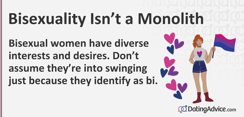 Bisexual women have diverse interests and desires. Donât assume theyâre into swinging just because they identify as bi. Bisexual women have diverse interests and desires. Donât assume theyâre into swinging just because they identify as bi.