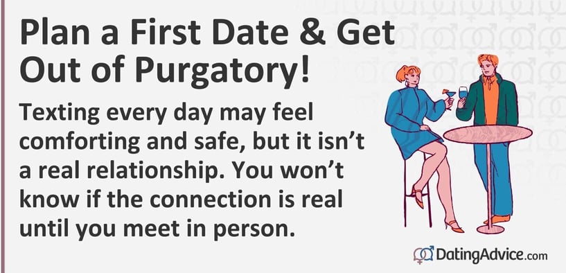 Graphic explaining to plan a first date and escape texting purgatory.